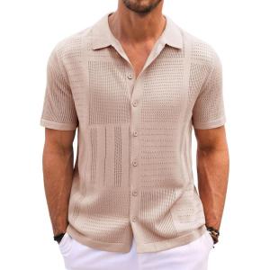 imageRuncati Mens Knit Button Down Shirt Casual Short Sleeve Cotton Polo Shirt Hollow Out Summer Beach TopsKhaki