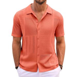 imageRuncati Mens Knit Button Down Shirt Casual Short Sleeve Cotton Polo Shirt Hollow Out Summer Beach TopsOrange