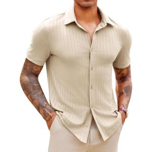 imageRuncati Mens Knit Button Down Shirts Short Sleeve Polo Shirt Vintage Summer Casual Beach Ribbed Textured TopsApricot