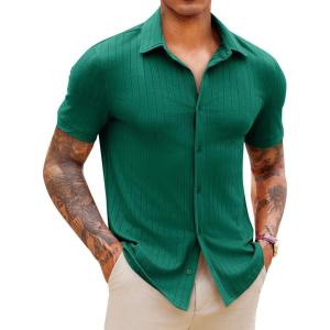 imageRuncati Mens Knit Button Down Shirts Short Sleeve Polo Shirt Vintage Summer Casual Beach Ribbed Textured TopsDark Green