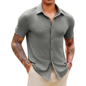 imageRuncati Mens Knit Button Down Shirts Short Sleeve Polo Shirt Vintage Summer Casual Beach Ribbed Textured TopsDark Grey
