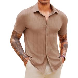 imageRuncati Mens Knit Button Down Shirts Short Sleeve Polo Shirt Vintage Summer Casual Beach Ribbed Textured TopsKhaki