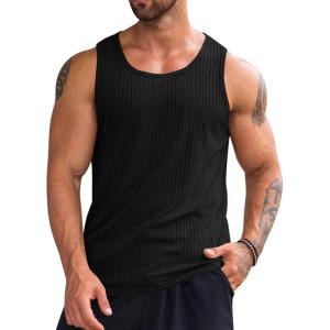 imageRuncati Mens Ribbed Tank Tops 2 Pack Knit Sleeveless Workout T Shirt Muscle Gym Fitness TeeBlack