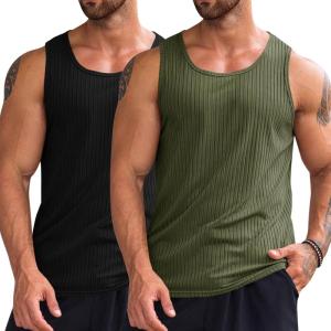 imageRuncati Mens Ribbed Tank Tops 2 Pack Knit Sleeveless Workout T Shirt Muscle Gym Fitness TeeBlackArmy Green