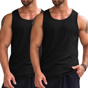 imageRuncati Mens Ribbed Tank Tops 2 Pack Knit Sleeveless Workout T Shirt Muscle Gym Fitness TeeBlackBlack
