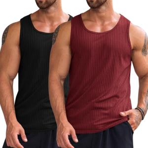 imageRuncati Mens Ribbed Tank Tops 2 Pack Knit Sleeveless Workout T Shirt Muscle Gym Fitness TeeBlackBurgundy