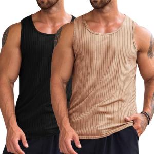 imageRuncati Mens Ribbed Tank Tops 2 Pack Knit Sleeveless Workout T Shirt Muscle Gym Fitness TeeBlackKhaki