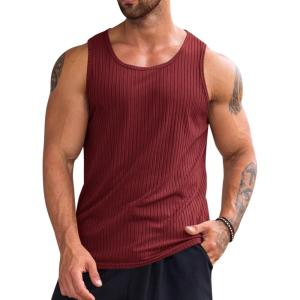 imageRuncati Mens Ribbed Tank Tops 2 Pack Knit Sleeveless Workout T Shirt Muscle Gym Fitness TeeBurgundy