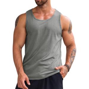 imageRuncati Mens Ribbed Tank Tops 2 Pack Knit Sleeveless Workout T Shirt Muscle Gym Fitness TeeGrey