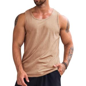 imageRuncati Mens Ribbed Tank Tops 2 Pack Knit Sleeveless Workout T Shirt Muscle Gym Fitness TeeKhaki