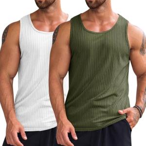 imageRuncati Mens Ribbed Tank Tops 2 Pack Knit Sleeveless Workout T Shirt Muscle Gym Fitness TeeWhiteArmy Green