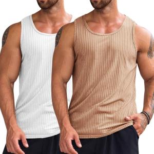 imageRuncati Mens Ribbed Tank Tops 2 Pack Knit Sleeveless Workout T Shirt Muscle Gym Fitness TeeWhiteKhaki