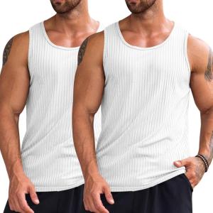 imageRuncati Mens Ribbed Tank Tops 2 Pack Knit Sleeveless Workout T Shirt Muscle Gym Fitness TeeWhiteWhite