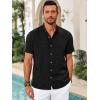 imageRuncati Mens Casual Button Down Shirts Short Sleeve Banded Collar Shirt Linen Beach Summer Hippie TopsBlack
