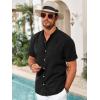 imageRuncati Mens Casual Button Down Shirts Short Sleeve Banded Collar Shirt Linen Beach Summer Hippie TopsBlack
