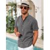 imageRuncati Mens Casual Button Down Shirts Short Sleeve Banded Collar Shirt Linen Beach Summer Hippie TopsDark Grey