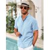 imageRuncati Mens Casual Button Down Shirts Short Sleeve Banded Collar Shirt Linen Beach Summer Hippie TopsSky Blue