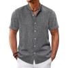 imageRuncati Mens Casual Button Down Shirts Short Sleeve Banded Collar Shirt Linen Beach Summer Hippie TopsDark Grey