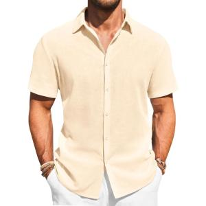 imageRuncati Mens Button Down Shirts Casual Short Sleeve Beach Shirt Summer Cotton Linen Lightweight Hippie TopsBeige