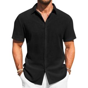 imageRuncati Mens Button Down Shirts Casual Short Sleeve Beach Shirt Summer Cotton Linen Lightweight Hippie TopsBlack