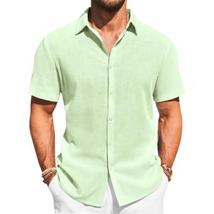imageRuncati Mens Button Down Shirts Casual Short Sleeve Beach Shirt Summer Cotton Linen Lightweight Hippie TopsMint Color