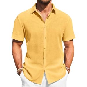 imageRuncati Mens Button Down Shirts Casual Short Sleeve Beach Shirt Summer Cotton Linen Lightweight Hippie TopsMustard Yellow