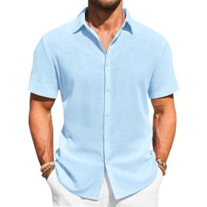 imageRuncati Mens Button Down Shirts Casual Short Sleeve Beach Shirt Summer Cotton Linen Lightweight Hippie TopsSky Blue