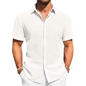imageRuncati Mens Button Down Shirts Casual Short Sleeve Beach Shirt Summer Cotton Linen Lightweight Hippie TopsWhite