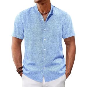 imageRuncati Mens Casual Button Down Shirts Short Sleeve Banded Collar Shirt Linen Beach Summer Hippie TopsBaby Blue