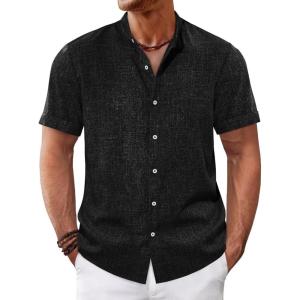 imageRuncati Mens Casual Button Down Shirts Short Sleeve Banded Collar Shirt Linen Beach Summer Hippie TopsBlack