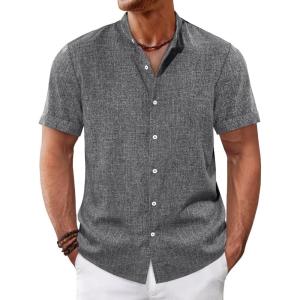 imageRuncati Mens Casual Button Down Shirts Short Sleeve Banded Collar Shirt Linen Beach Summer Hippie TopsDark Grey