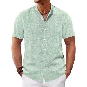 imageRuncati Mens Casual Button Down Shirts Short Sleeve Banded Collar Shirt Linen Beach Summer Hippie TopsMint Color