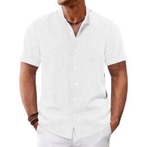 imageRuncati Mens Casual Button Down Shirts Short Sleeve Banded Collar Shirt Linen Beach Summer Hippie TopsWhite