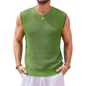 imageRuncati Mens Knitted Tank Tops Sleeveless Crochet See Through TShirts Muscle Summer Beach Hippie ShirtsGreen