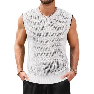 imageRuncati Mens Knitted Tank Tops Sleeveless Crochet See Through TShirts Muscle Summer Beach Hippie ShirtsWhite