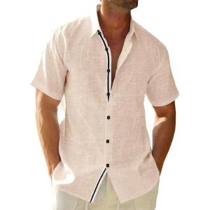 imageRuncati Mens Linen Button Down Shirt Short Sleeve Casual Lightweight Summer Beach Shirts Vacation Wedding TopsApricot