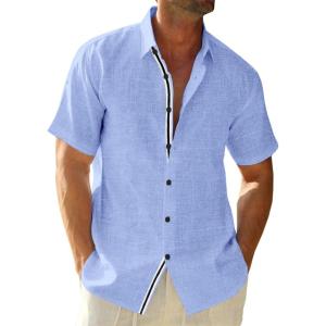 imageRuncati Mens Linen Button Down Shirt Short Sleeve Casual Lightweight Summer Beach Shirts Vacation Wedding TopsSky Blue