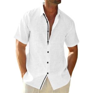 imageRuncati Mens Linen Button Down Shirt Short Sleeve Casual Lightweight Summer Beach Shirts Vacation Wedding TopsWhite
