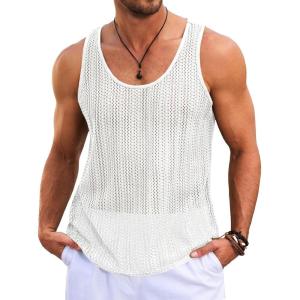 imageRuncati Mens Sleeveless Tank Tops Knitted Crochet See Through Hollow Out TShirts Muscle Summer Beach Hippie ShirtsWhite