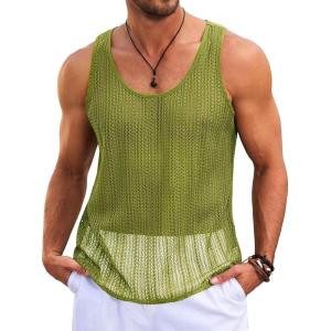 imageRuncati Mens Sleeveless Tank Tops Knitted Crochet See Through Hollow Out TShirts Muscle Summer Beach Hippie ShirtsYellowgreen