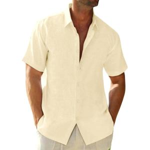 imageRuncati Mens Button Down Linen Shirts Short Sleeve Casual Collared Summer Beach Untucked TopsBeige