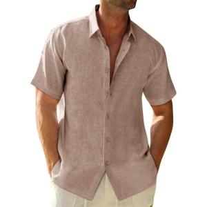 imageRuncati Mens Button Down Linen Shirts Short Sleeve Casual Collared Summer Beach Untucked TopsKhaki