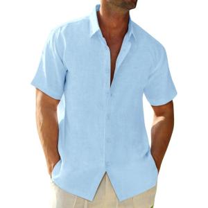 imageRuncati Mens Button Down Linen Shirts Short Sleeve Casual Collared Summer Beach Untucked TopsSky Blue