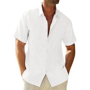 imageRuncati Mens Button Down Linen Shirts Short Sleeve Casual Collared Summer Beach Untucked TopsWhite