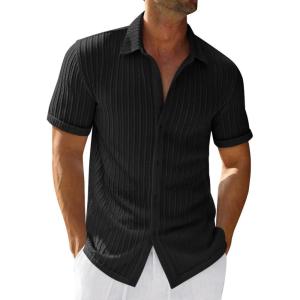 imageRuncati Mens Casual Button Down Shirts Short Sleeve Textured Shirt Summer Beach TopsBlack