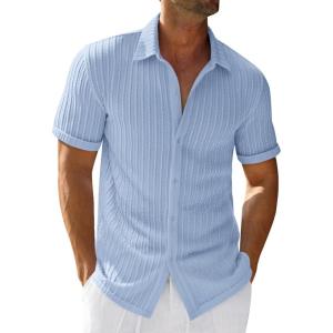 imageRuncati Mens Casual Button Down Shirts Short Sleeve Textured Shirt Summer Beach TopsBlue