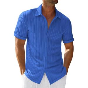 imageRuncati Mens Casual Button Down Shirts Short Sleeve Textured Shirt Summer Beach TopsRoyal Blue