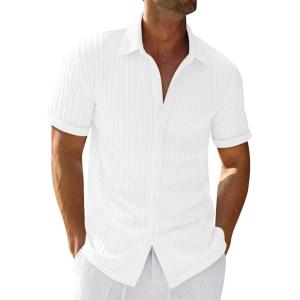 imageRuncati Mens Casual Button Down Shirts Short Sleeve Textured Shirt Summer Beach TopsWhite