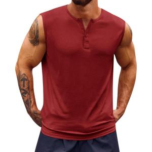 imageRuncati Mens Muscle Tank Tops Sleeveless Workout Gym Slim Fit Henley Shirt Casual Basic Summer Beach TopsBurgundy