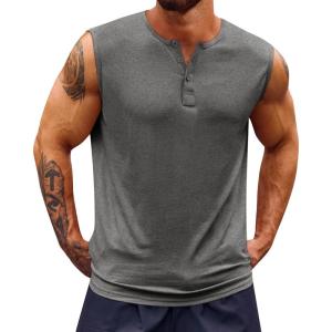 imageRuncati Mens Muscle Tank Tops Sleeveless Workout Gym Slim Fit Henley Shirt Casual Basic Summer Beach TopsDark Grey